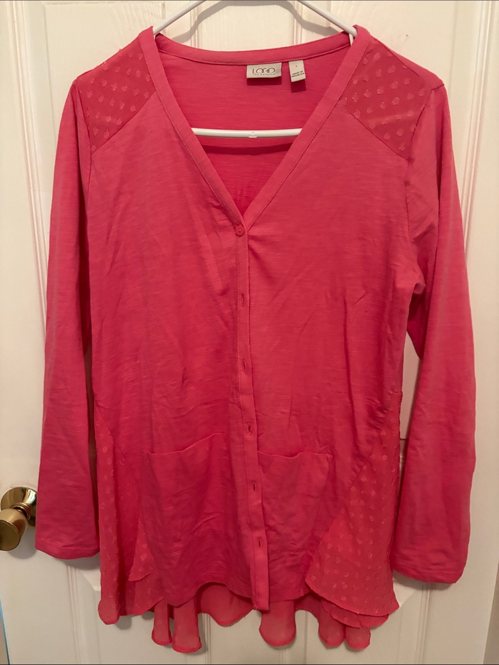 QVC Lori by Lori Goldstein regular knit cardigan with peplum and clip dot trim